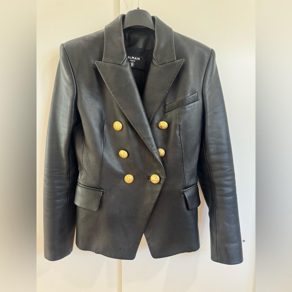 Balmain Black Leather Double-Breasted Jacket with Gold Buttons